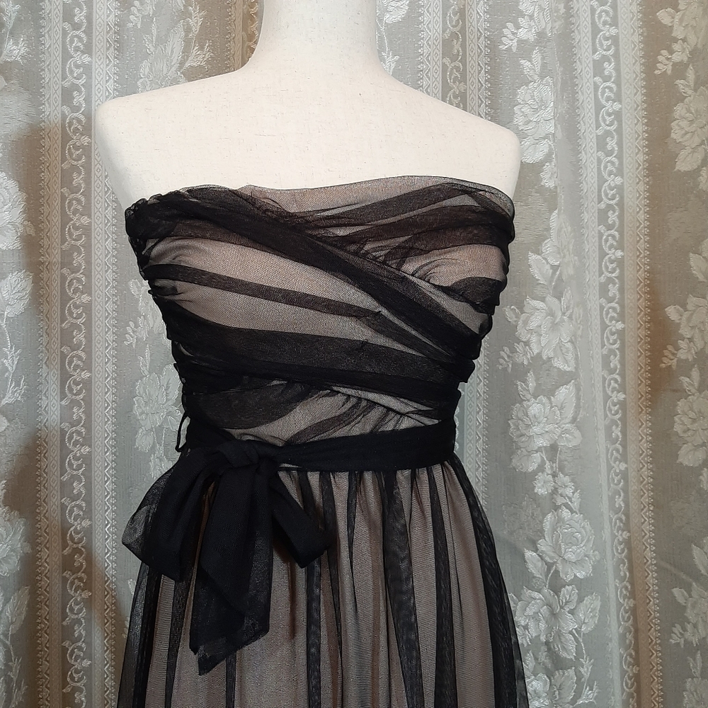 Mystic Black Beige Lace Floral Strapless Cocktail Midi Dress w Ribbon, Size S - Picture 6 of 12